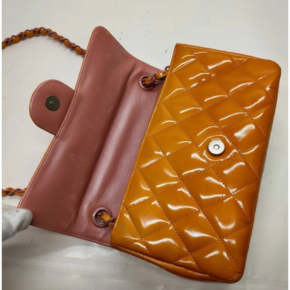 Chanel Patent Calfskin Quilted Mini Rectangular Flap Bag Orange & Pink - Picture 9 of 12